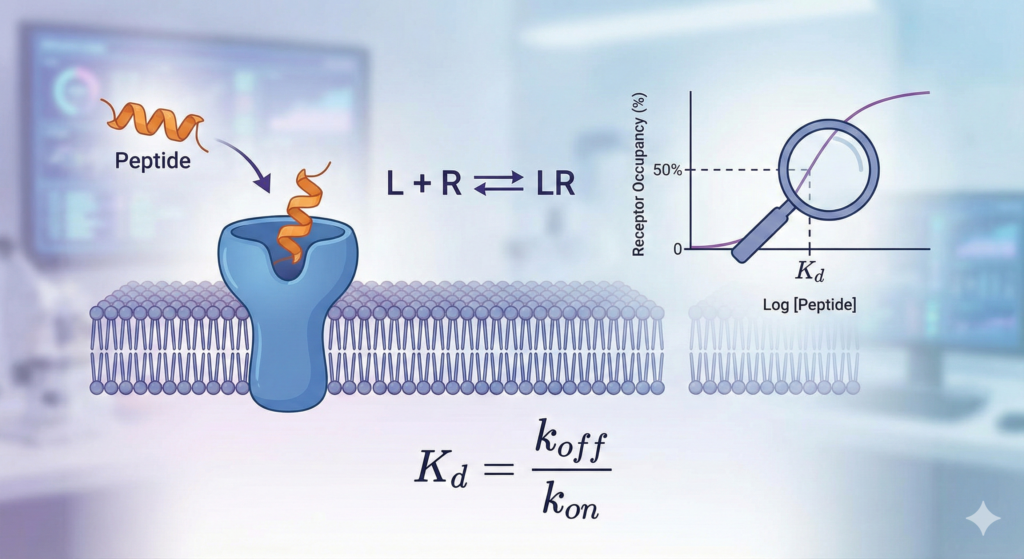 Scientific diagram illustrating peptide-receptor binding affinity. The graphic features a peptide binding to a cell membrane receptor, a saturation curve graph pinpointing the dissociation constant (Kd) at 50% receptor occupancy, and the mathematical formula for Kd.