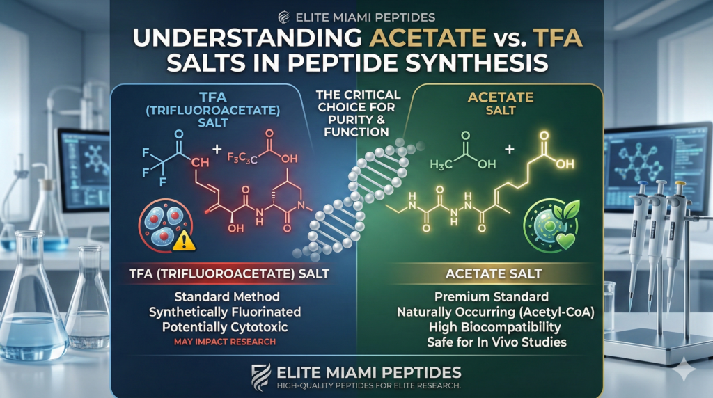 Infographic comparing TFA and Acetate salts in peptide synthesis, highlighting the high biocompatibility of Acetate salts for in vivo studies versus the potential cytotoxicity of standard TFA salts.